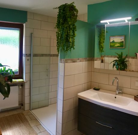 Badezimmer mit Teppich und Grünpflanzen